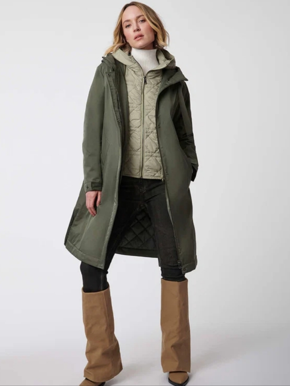 Bernardo Olive Green Long Parka with Light Beige Quilted Vest